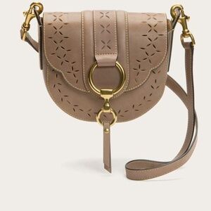 Frye Ilana Taupe Perforated Leather Saddle Crossbody Bag Purse in Cement